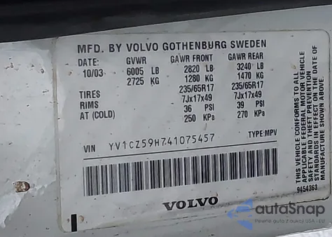 2004 Volvo Xc90 2.5T Awd z USA, uszkodzony, nr VIN YV1CZ59H741075457